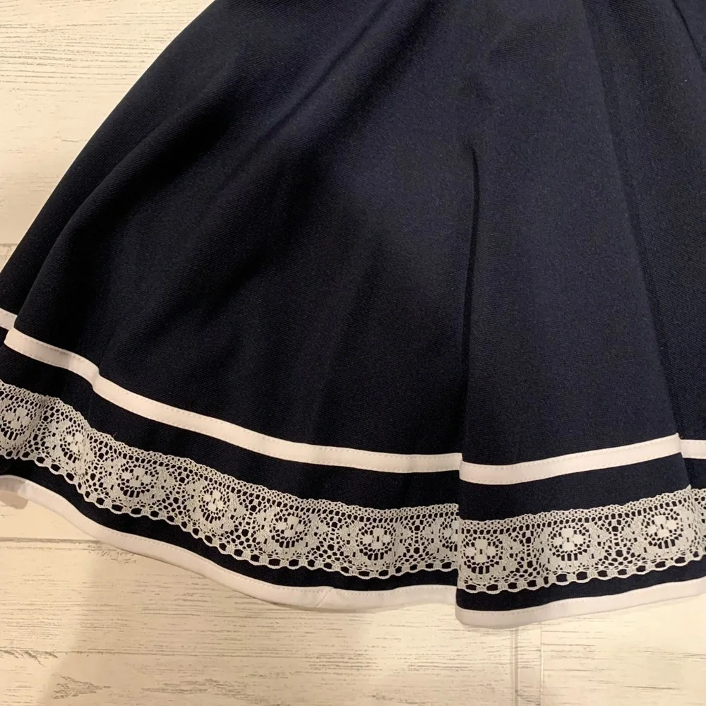 Bonnie Jean Girls 5 Navy Fit & Flare Party Dress Navy Blue White Lace Tie Waist